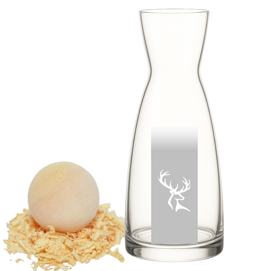 Zirbenkugel-Set mit Glaskaraffe und Hirsch